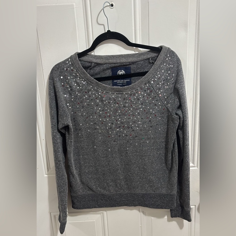 American Eagle Gray Sequin Knit Top